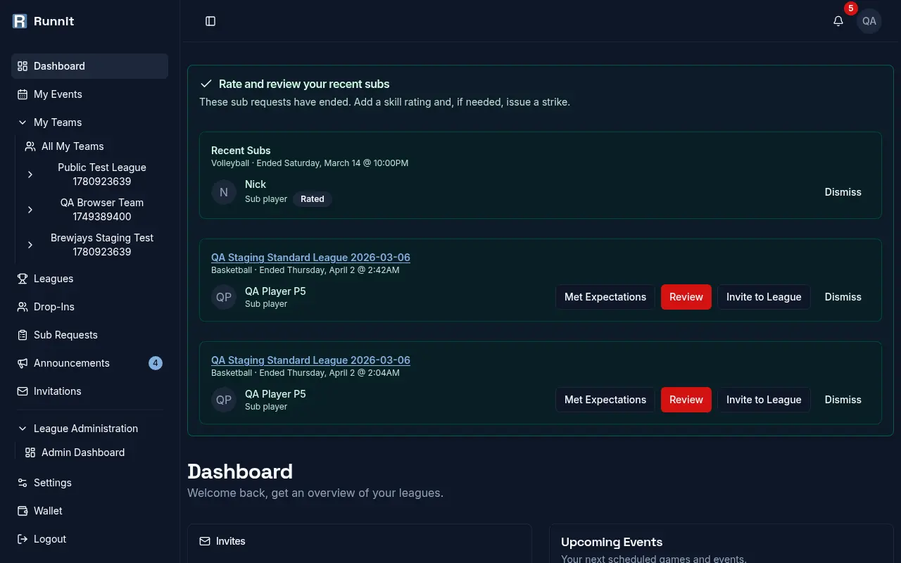 Dashboard showing invites and announcements