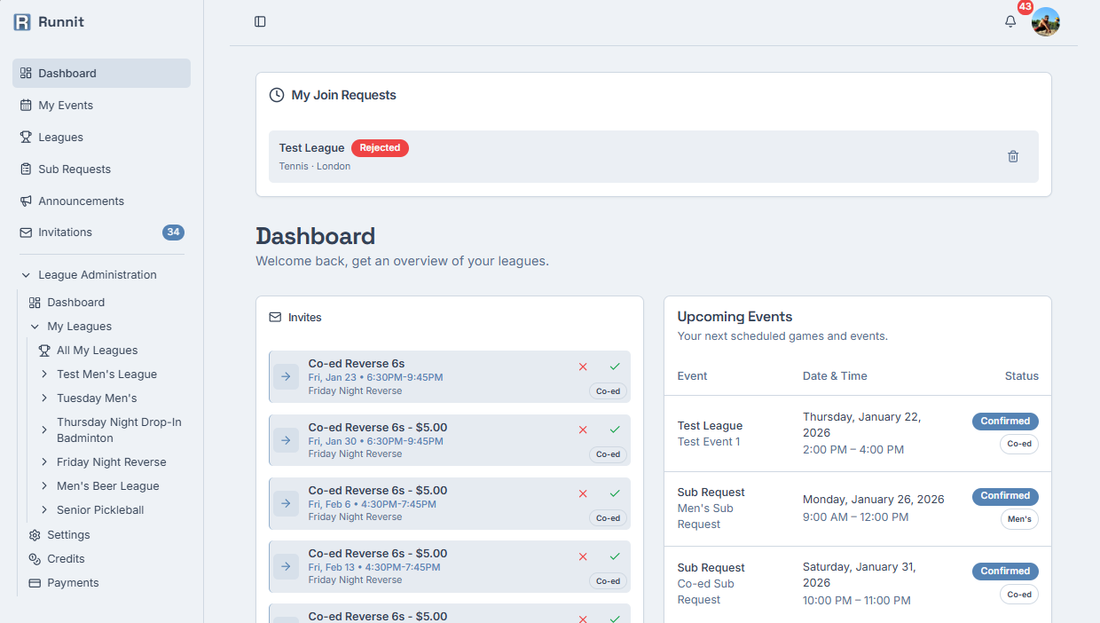Dashboard showing invites and upcoming events
