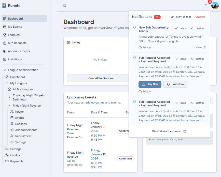Dashboard showing notifications