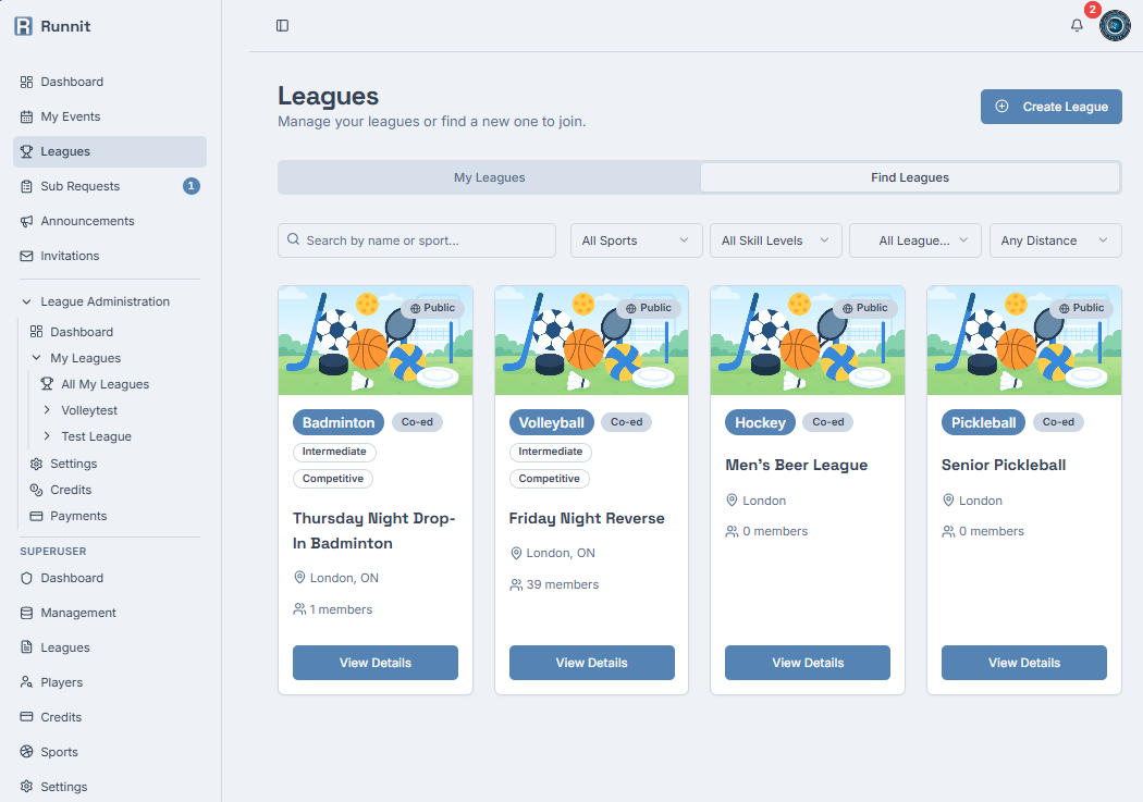 League search screen